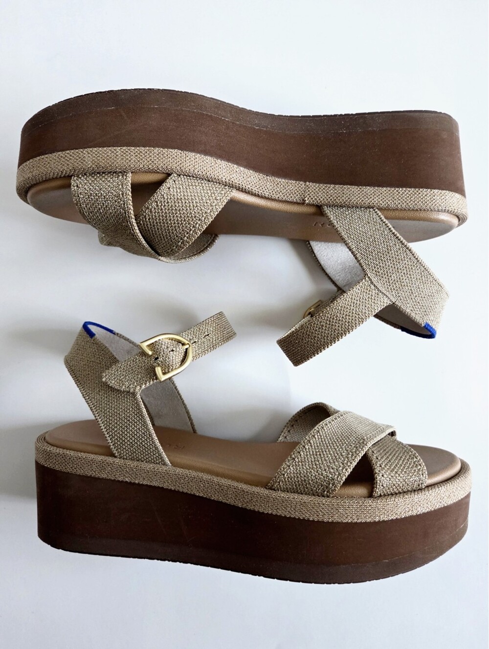 Rothy's Criss-Cross Metallic Gold/ Tan & Camel Platform Sandals, Size 6 - Picture 7 of 16